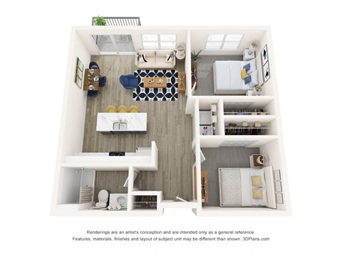 Floor plan for 2 beds, 1 bath, 856 sqft